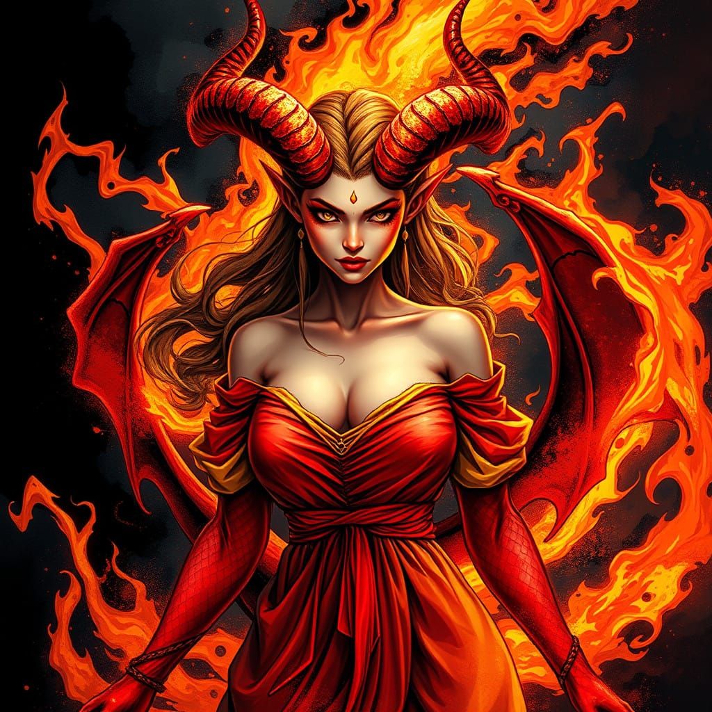 Mystical Demoness in Blazing Vortex of Fire, Vibrant Digital...