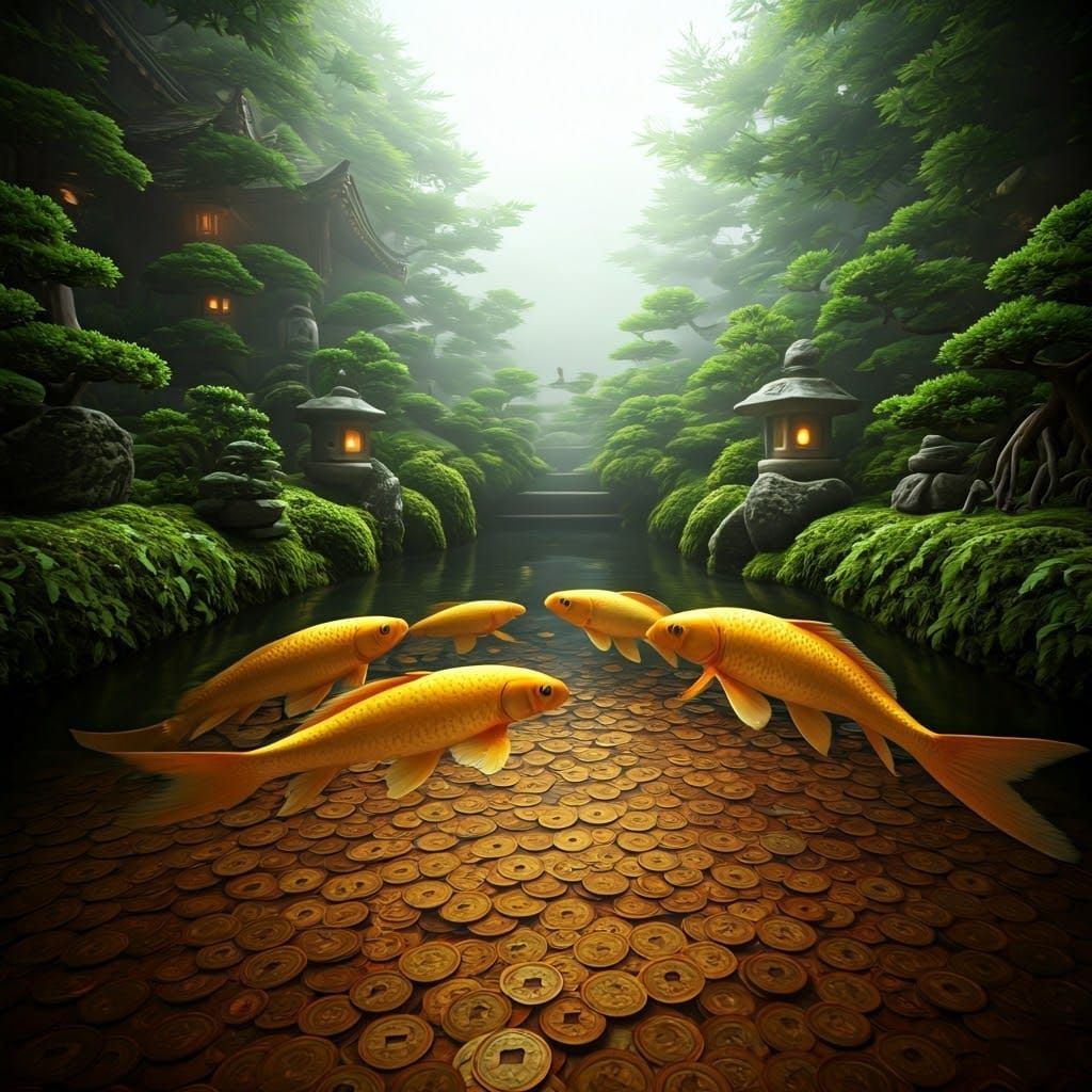 Golden Koi in a Japanese Zen Garden
