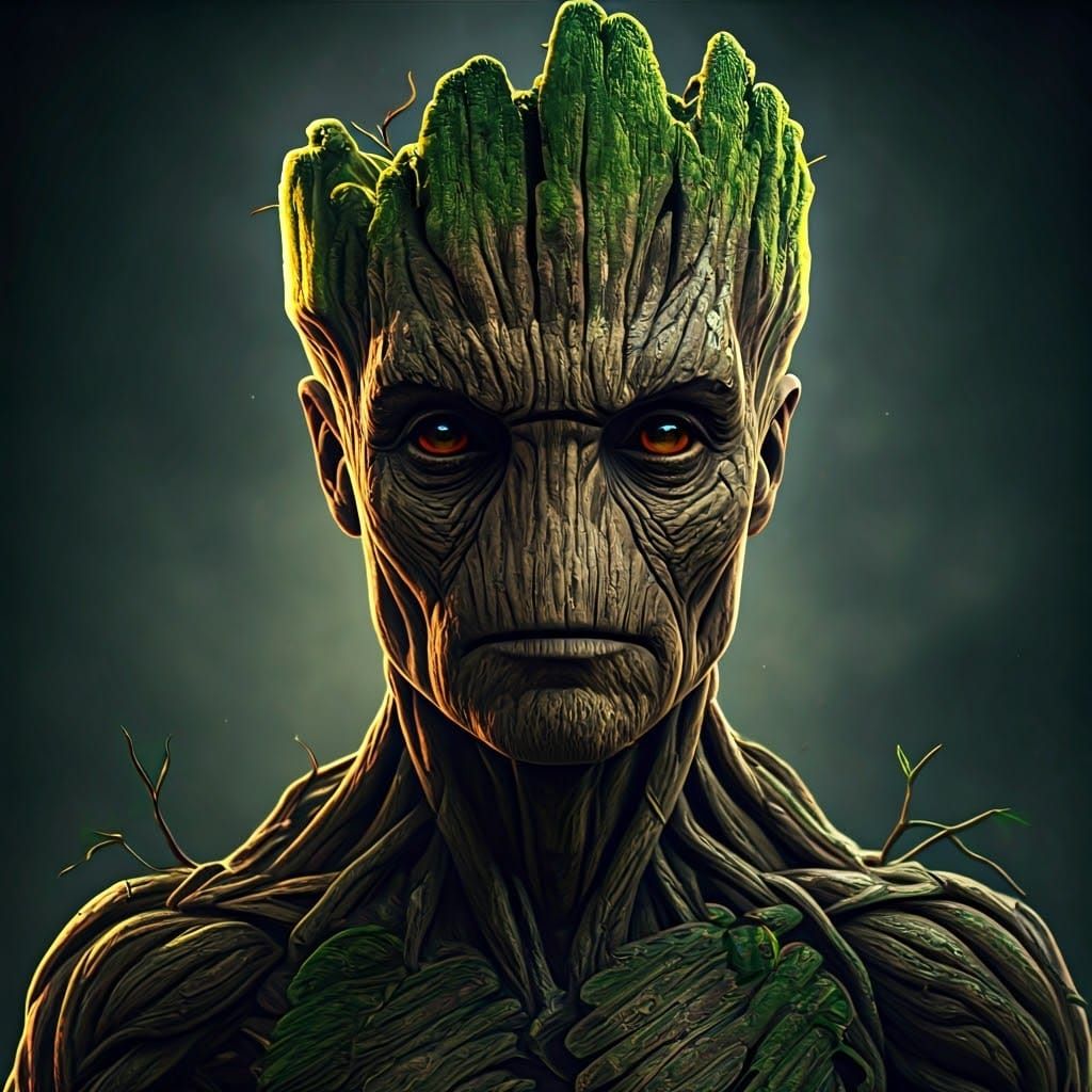 Surreal, Photorealistic Groot in Moody, Cinematic Landscape