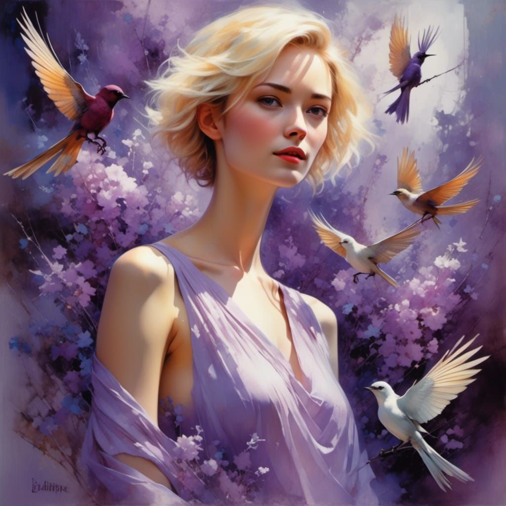 Elegant Woman Surrounded by Purple Crested Magpie-Jays