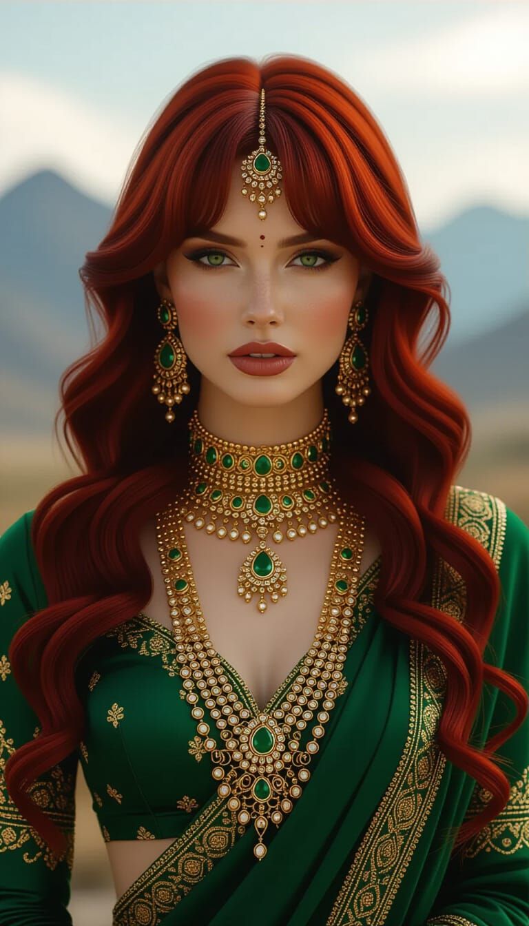 Burgundy Haired Woman with Indian Jewelry