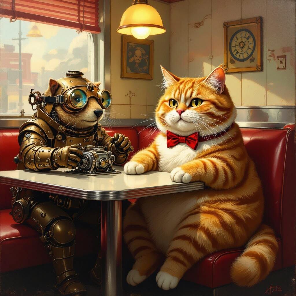 Garfield in 1950s Diner with Steampunk Groundhog Oil Paintin...