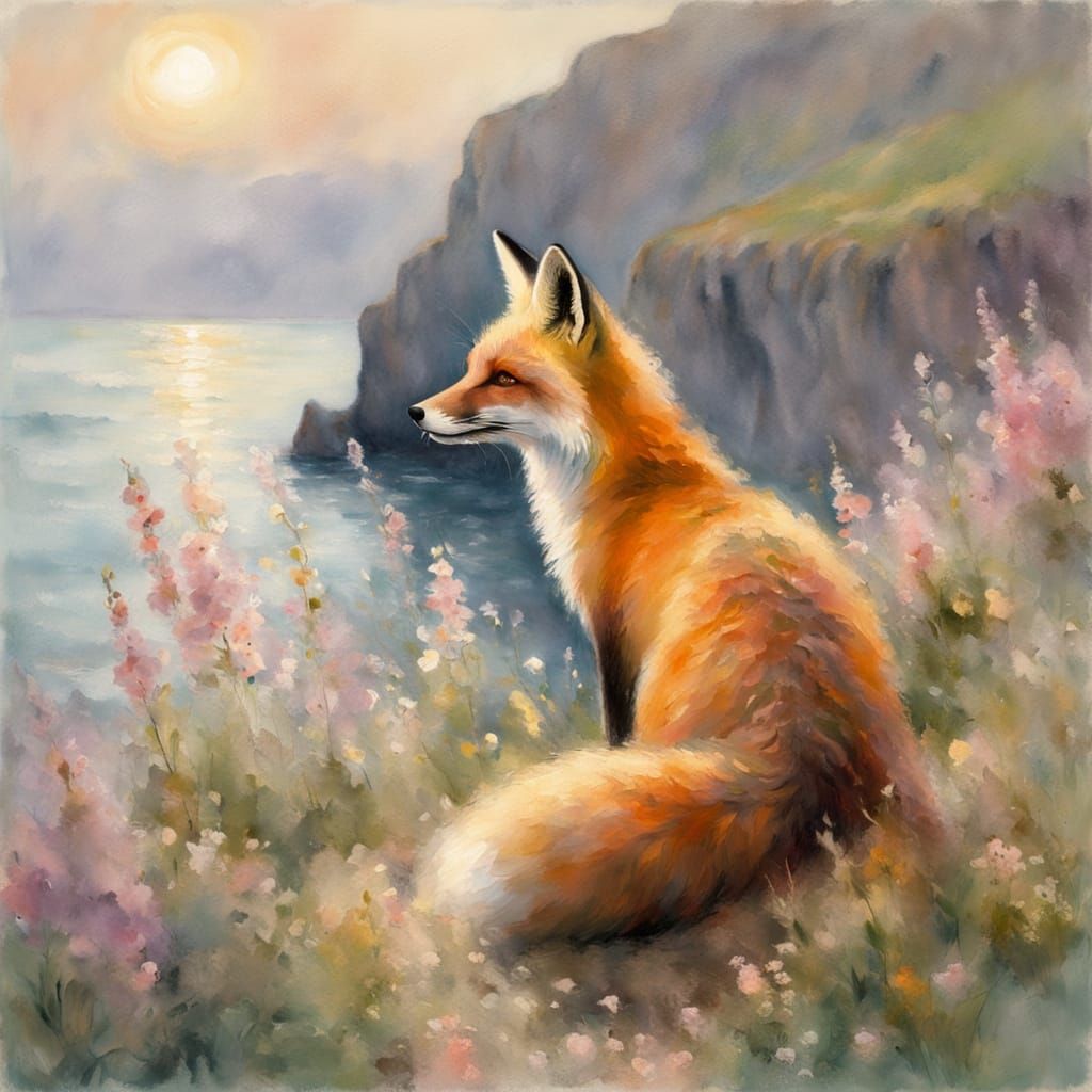 Surreal Impressionist Fox Contemplates Serene Ocean Scene