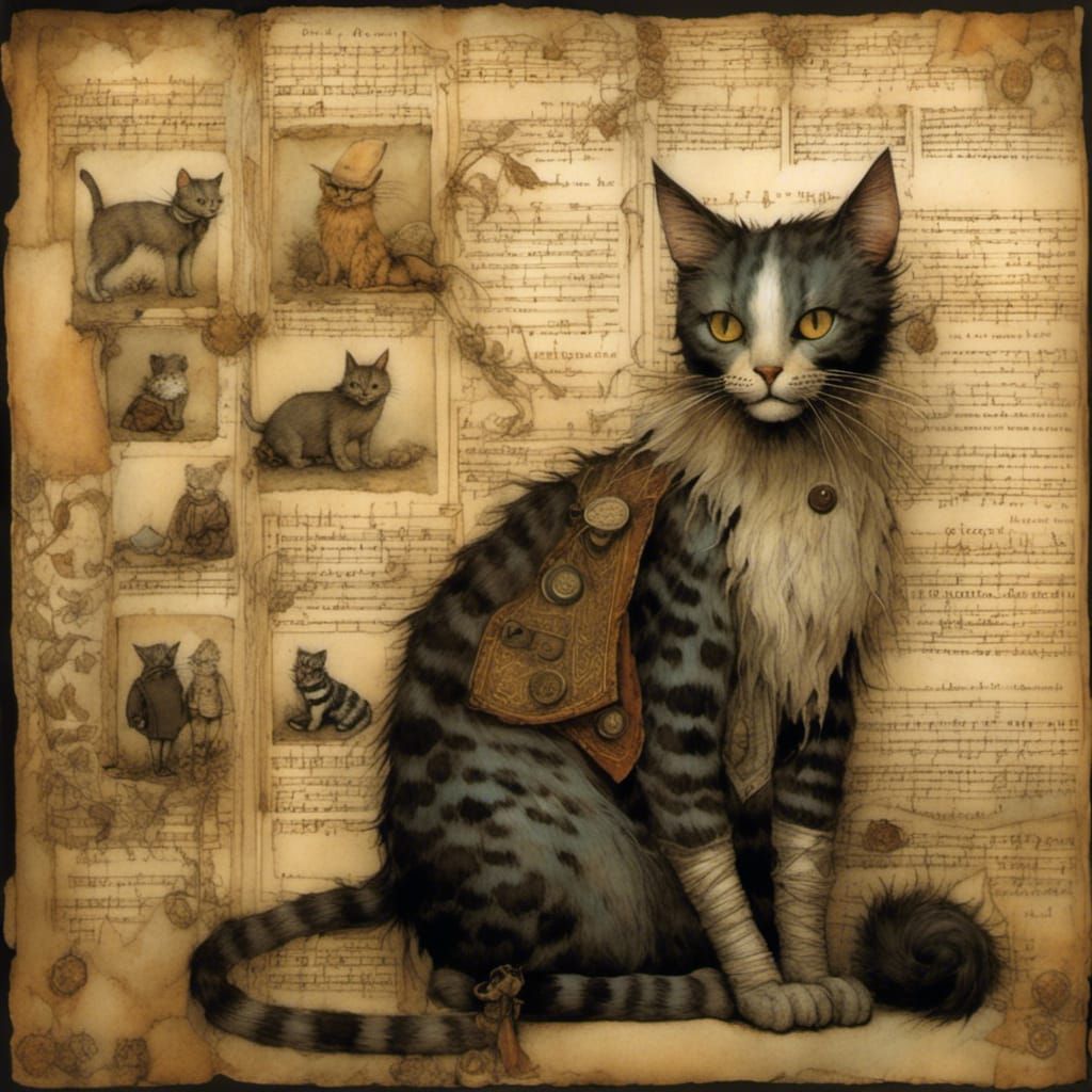 Mixed-Media Collage of a Cat with Antique Elements