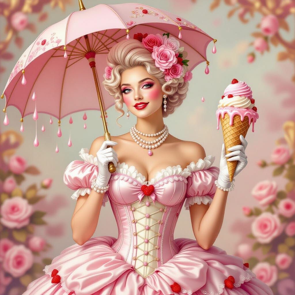 Rococo Noblewoman in Ice Cream Gown with Strawberry Accents