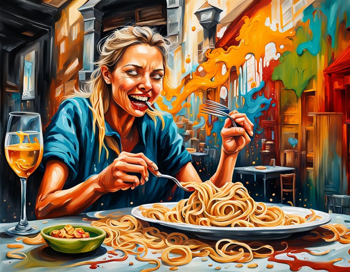 Woman Enjoys Pasta: Graffiti Street Art Style