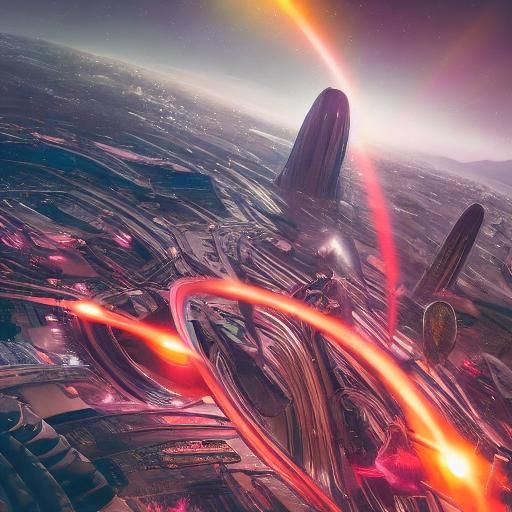 Futuristic Cityscape: Sci-Fi Oil Painting at Sunset