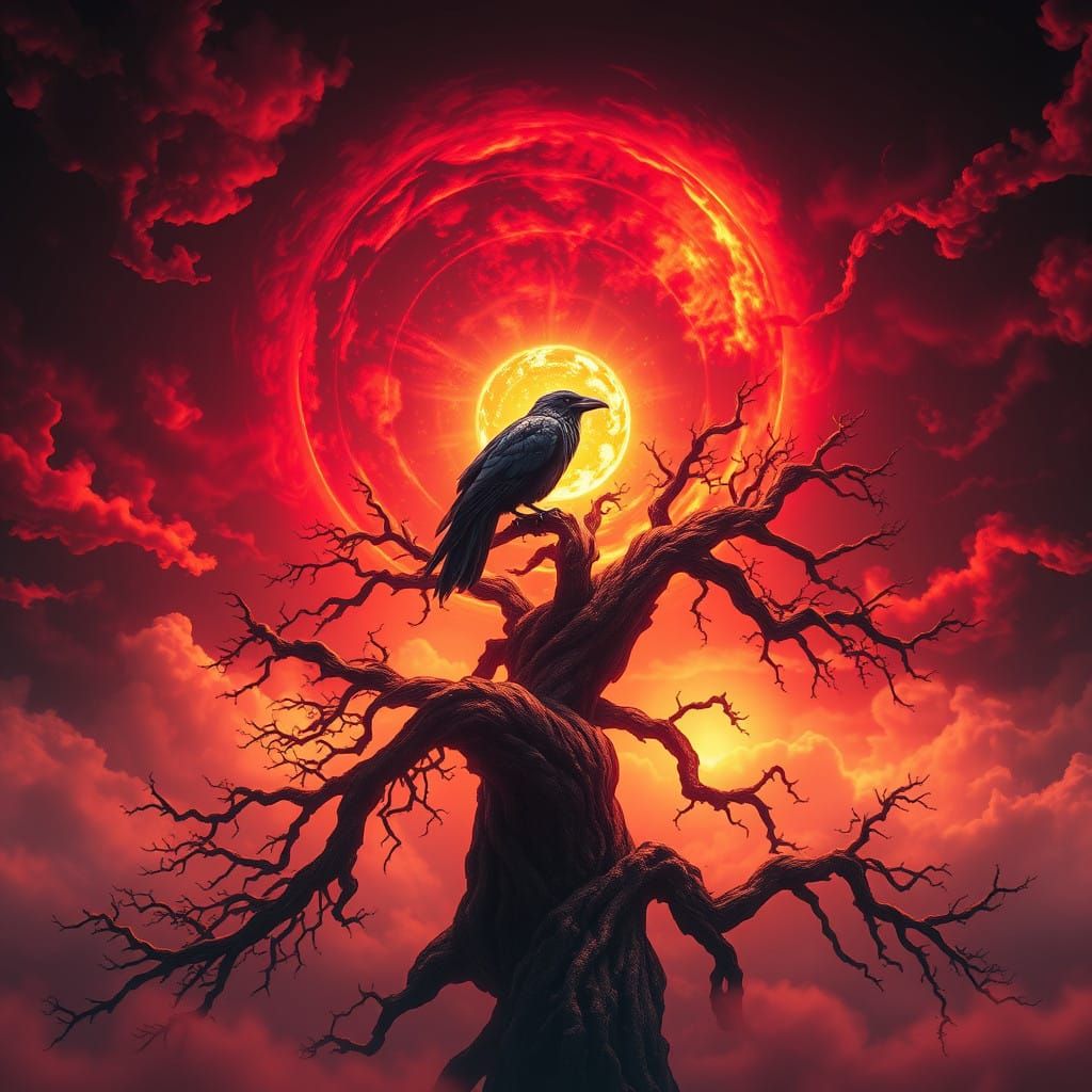 Ethereal Crow in Vibrant Fantasy Landscape