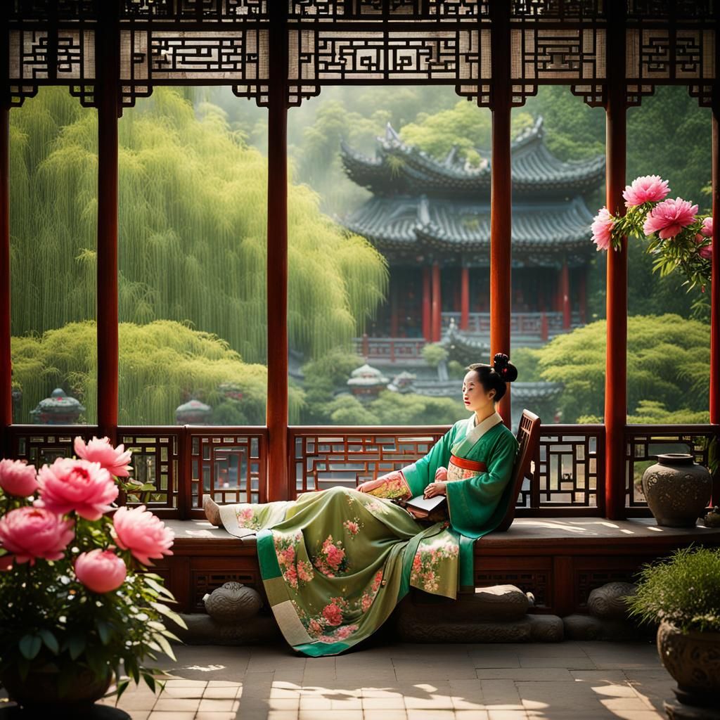 Serene Chinese Garden with Reclining Woman