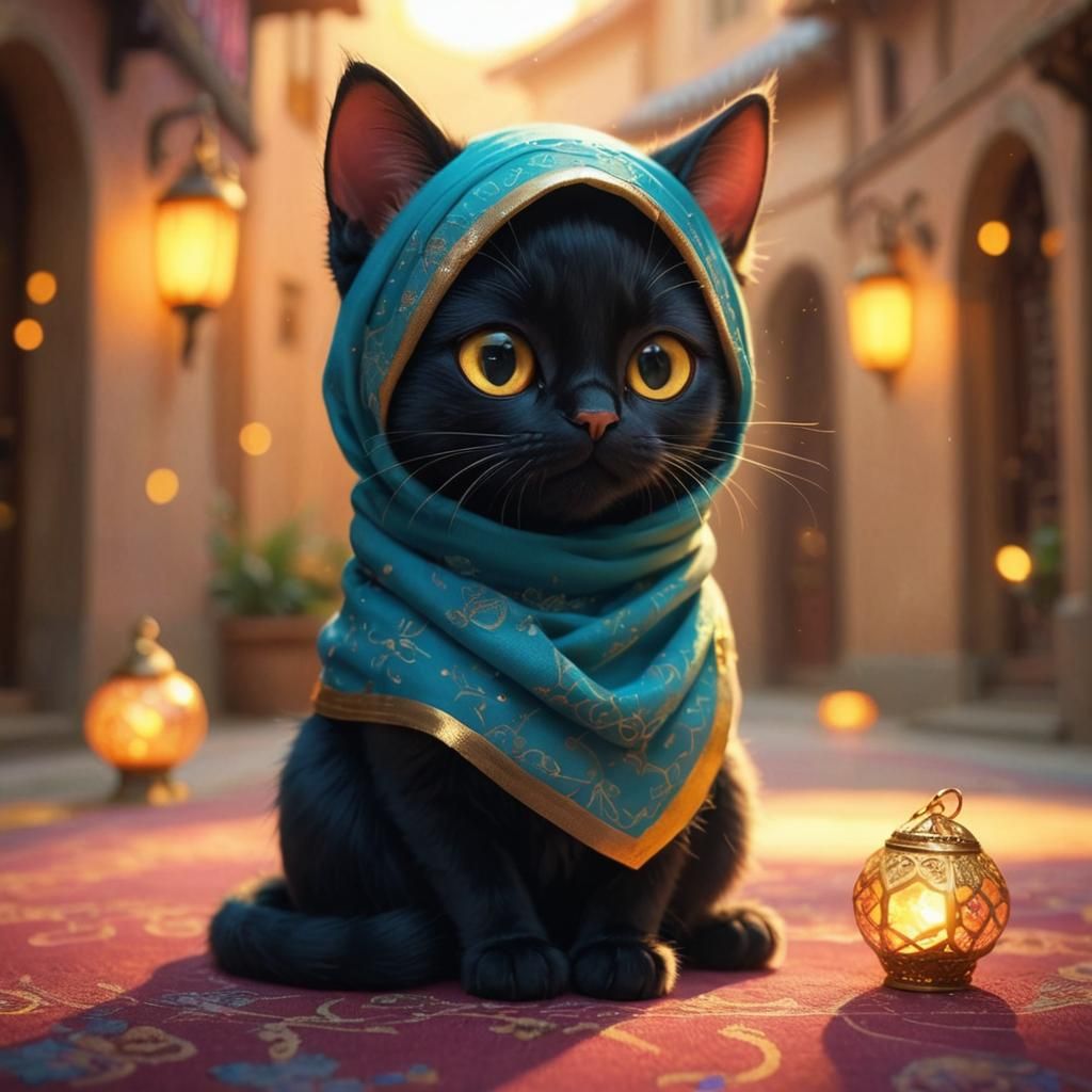 Cute Black Cat in Hijab: Fantasy Art Style