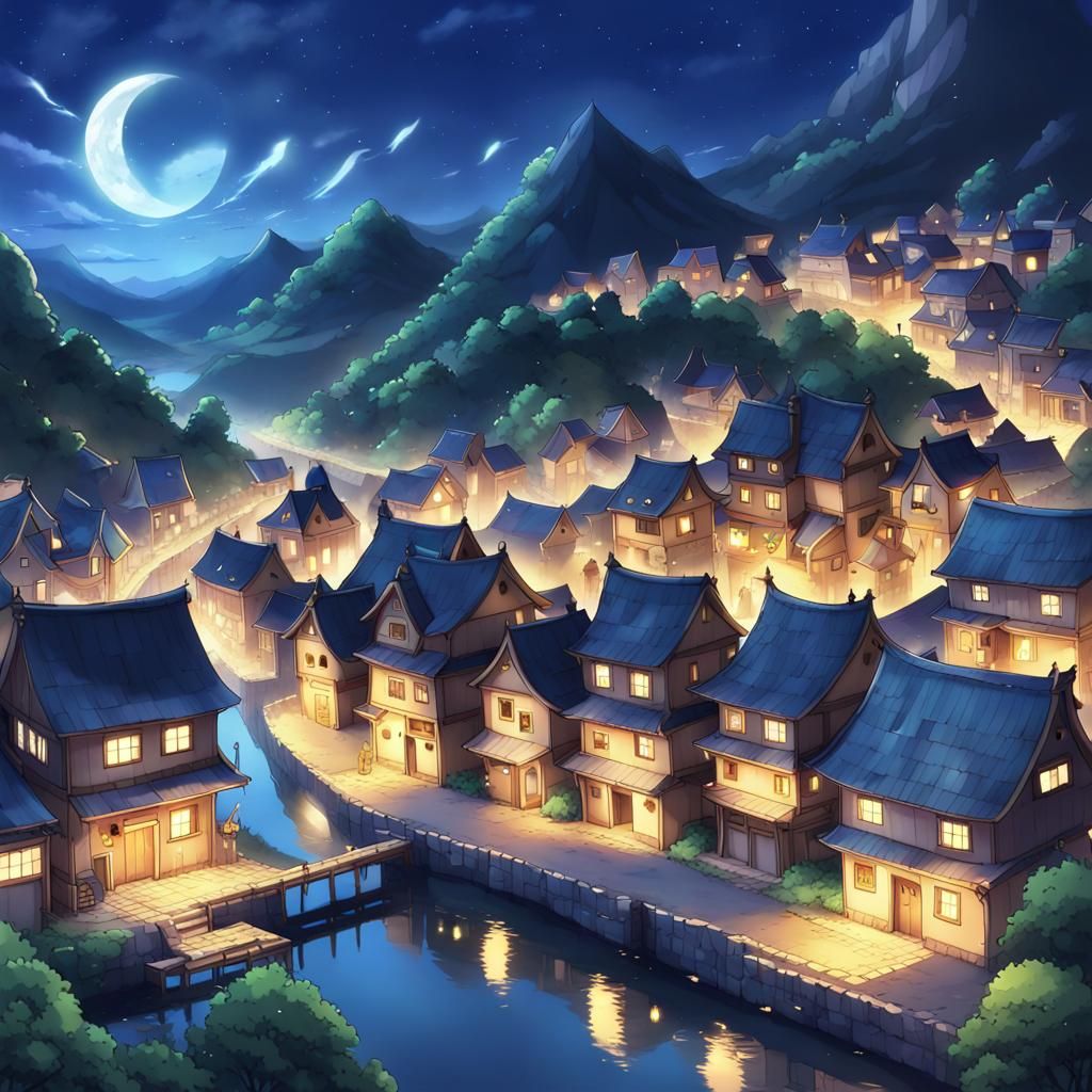 Enchanting Nighttime Fairy Town in Anime Style