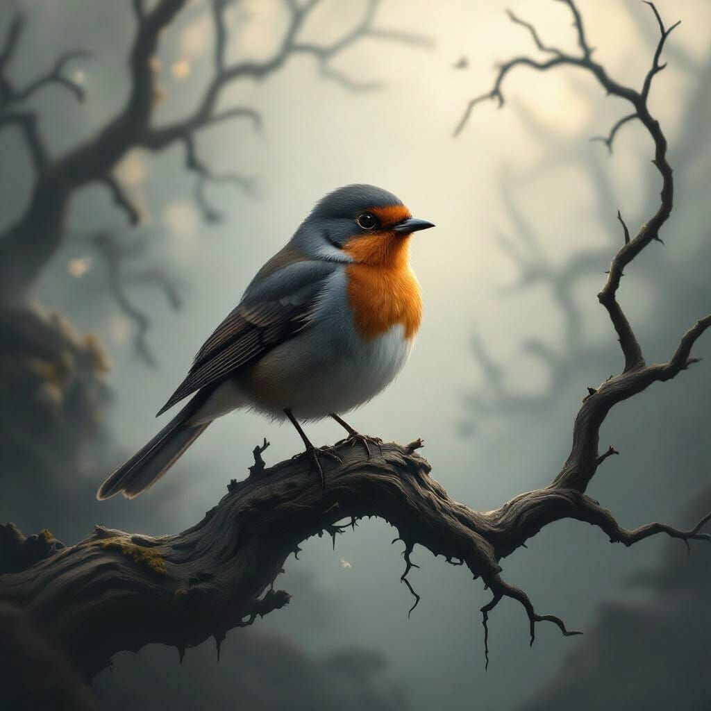 Solitary Robin in Misty Fairytale Forest