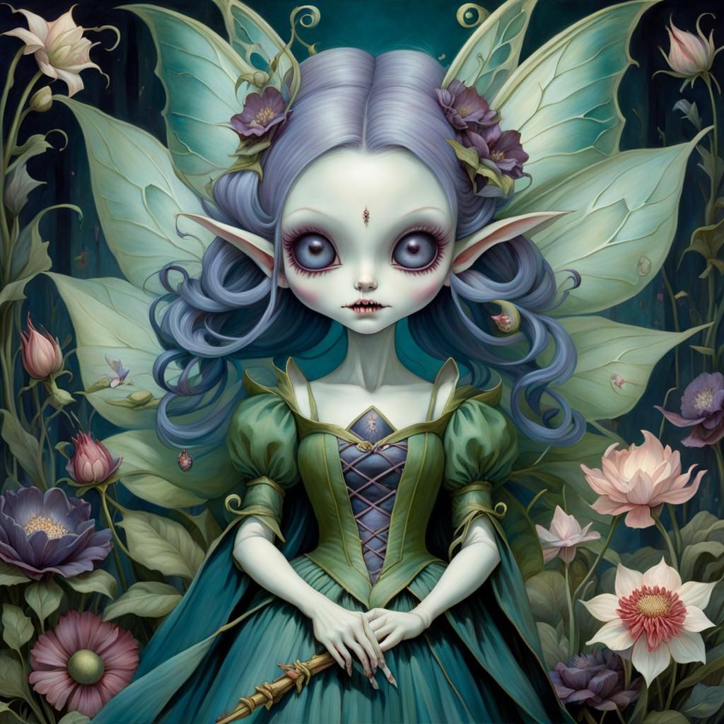 Menacing Fairy Bites Flower in Night Garden