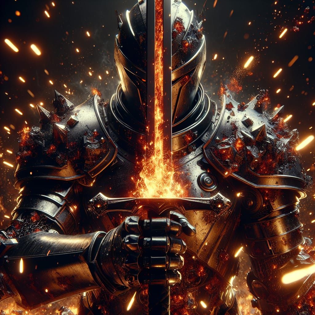 Armored Soldier with Molten Sword in Dramatic Lighting