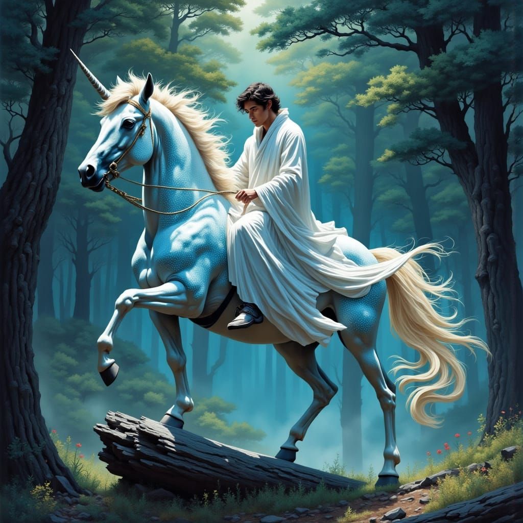 Mystical Unicorn Rider in Ethereal Fantasy Landscapes