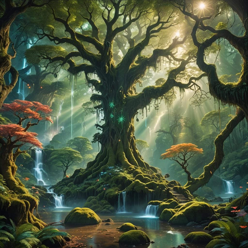 Mystical Forest with Glowing Flora and Waterfall