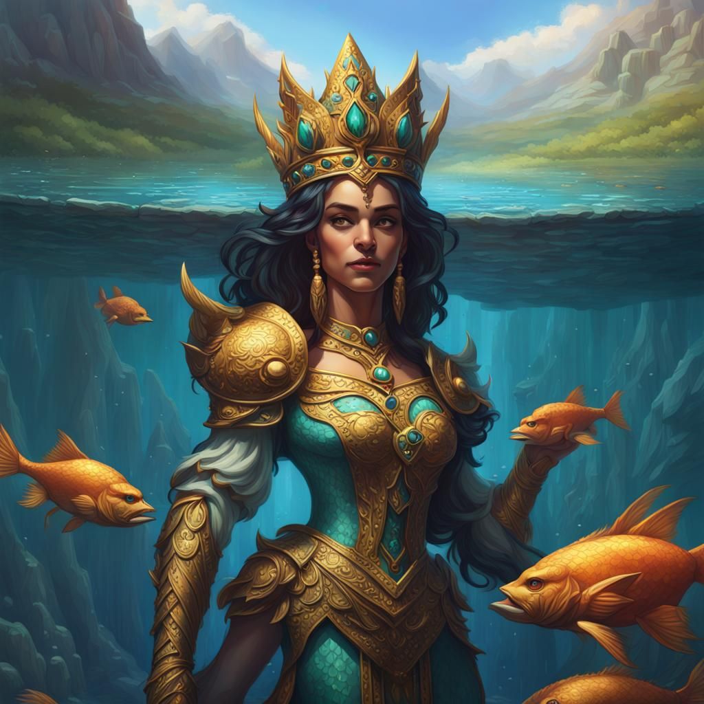 Aquatic Queen in Turquoise Lake: Digital Art