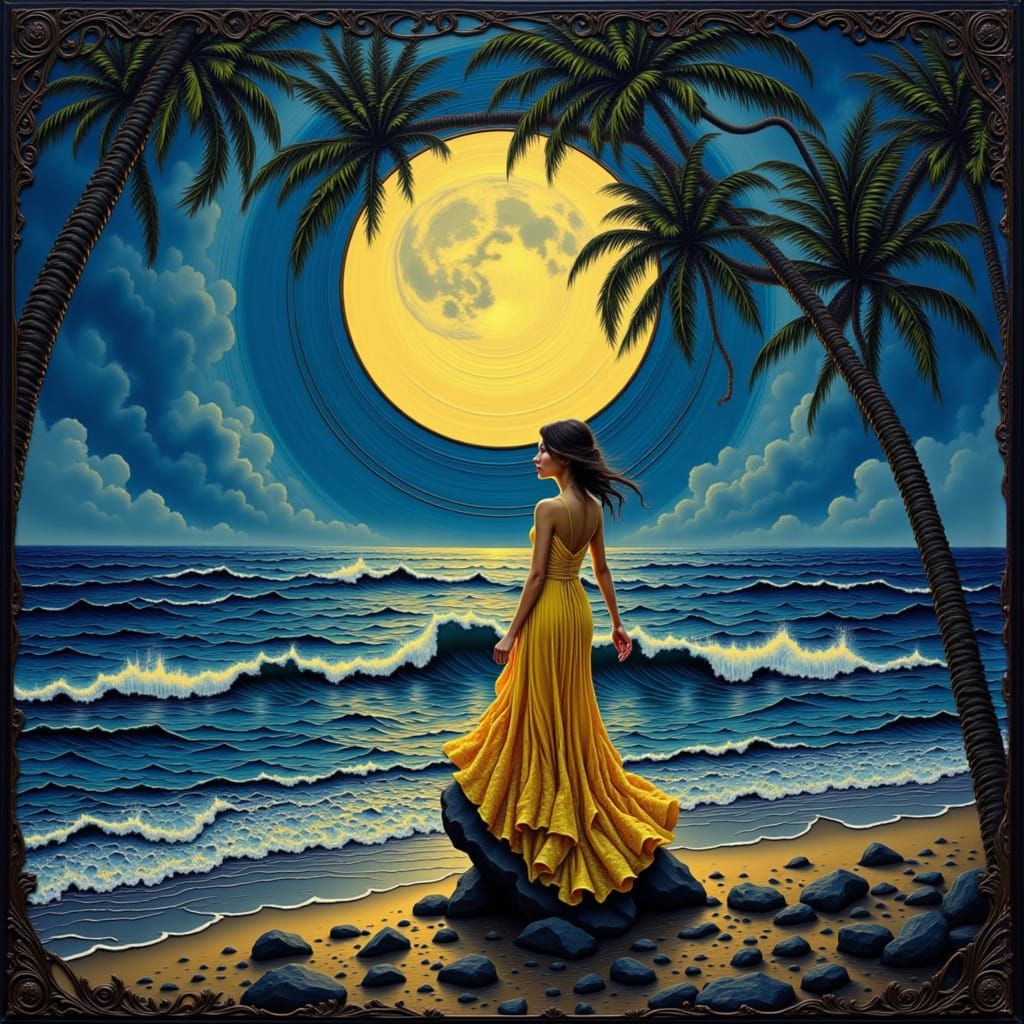 Elegant Woman on Moonlit Beach in Art Nouveau Style