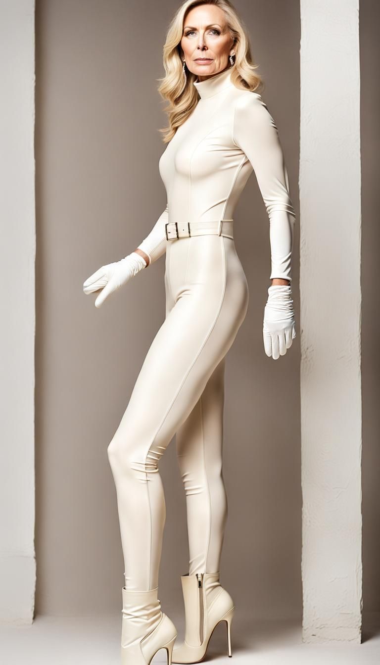 Elegant Woman in Cream Latex Jumpsuit