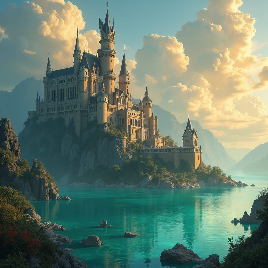 Majestic Castle by Turquoise Lake: Matte Painting