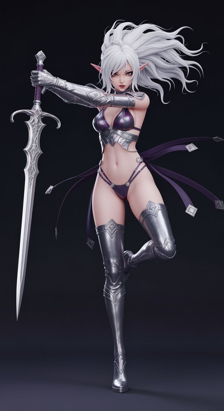 Dark Elf Duelist in Anime Style With Silver Rapier