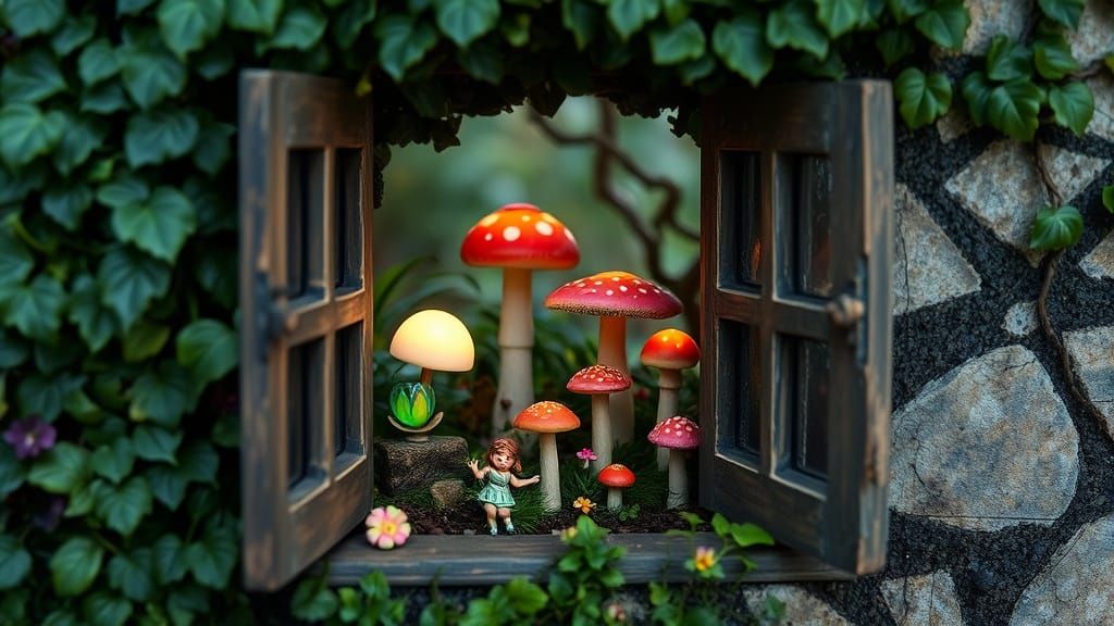 Whimsical Mushroom Garden Scene in Watercolor Style