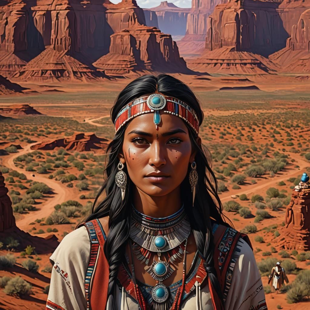 Realistic Portrait of a Sioux Woman in Monument Valley