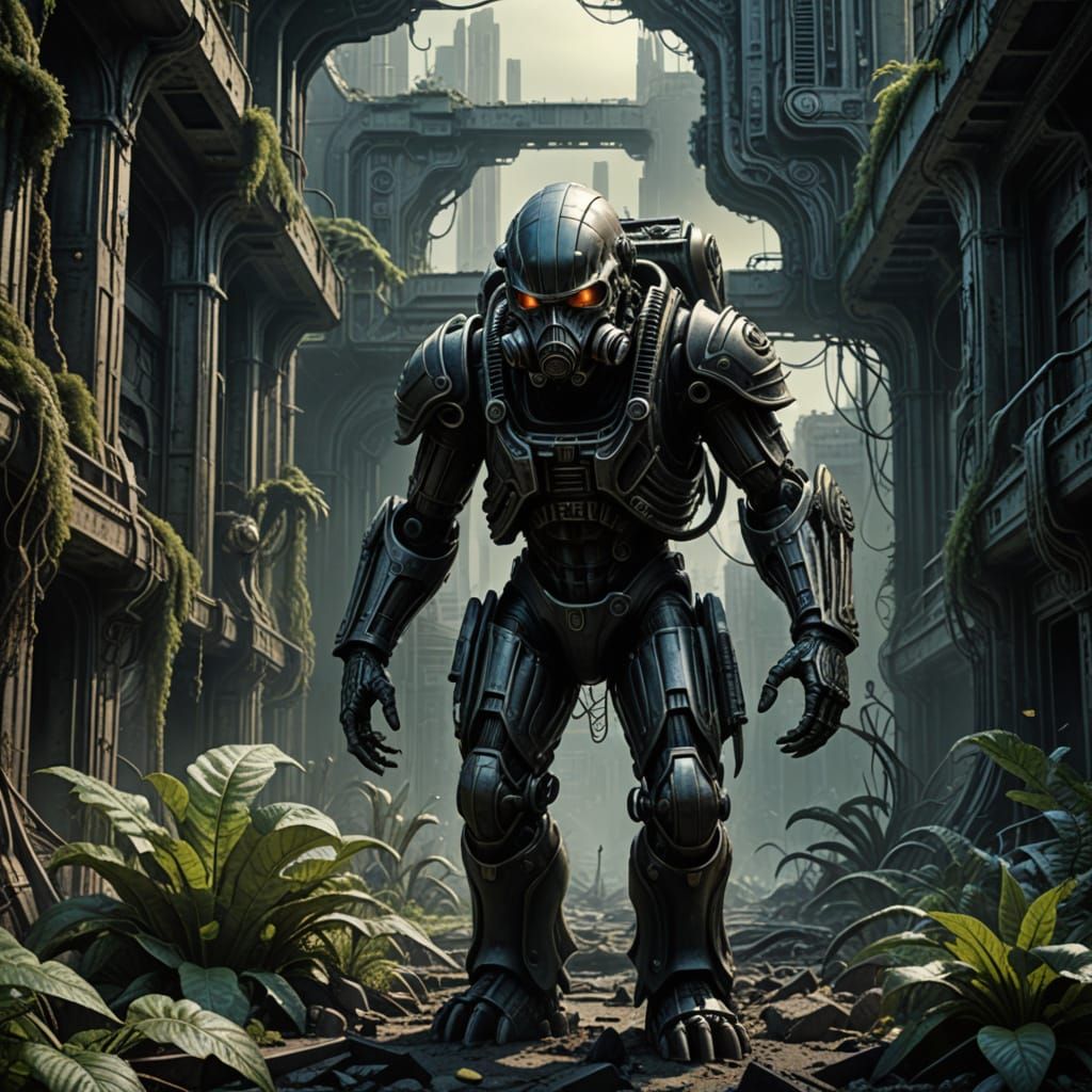 Explorer in Overgrown City Ruins, Dystopian Surrealism