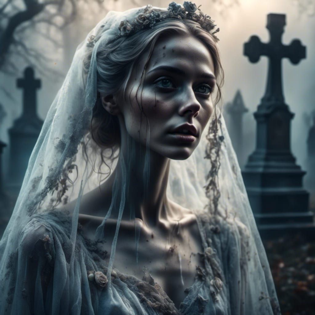 Ethereal Bride Apparition in Graveyard Setting