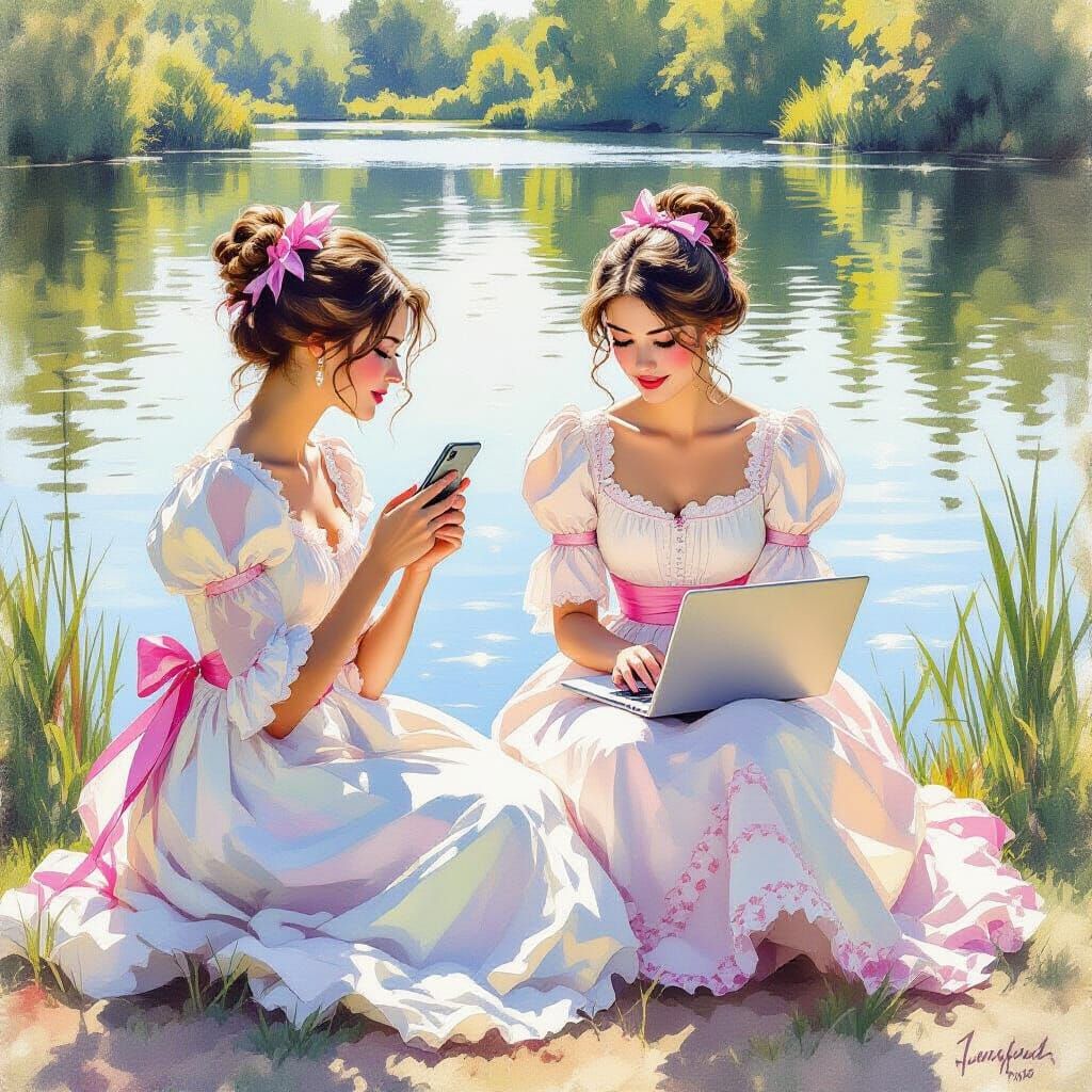Victorian Ladies Beside Lake with Modern Tech
