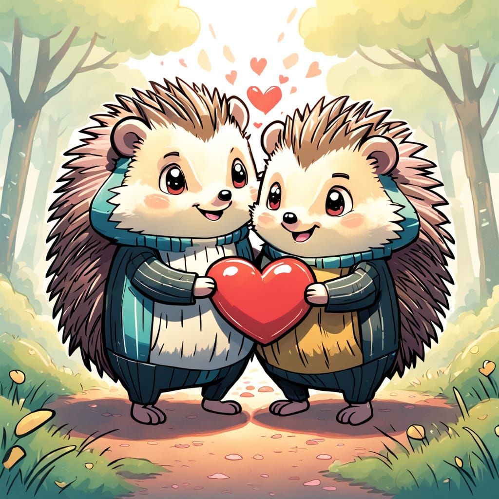 Two Cartoon Hedgehogs in Kawaii Art Style