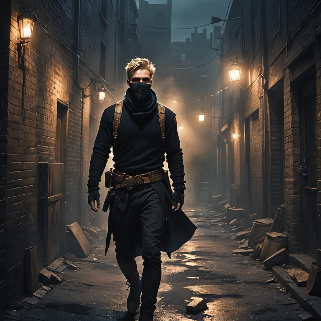 Mysterious Bandit in Dark Fantasy Alleyway