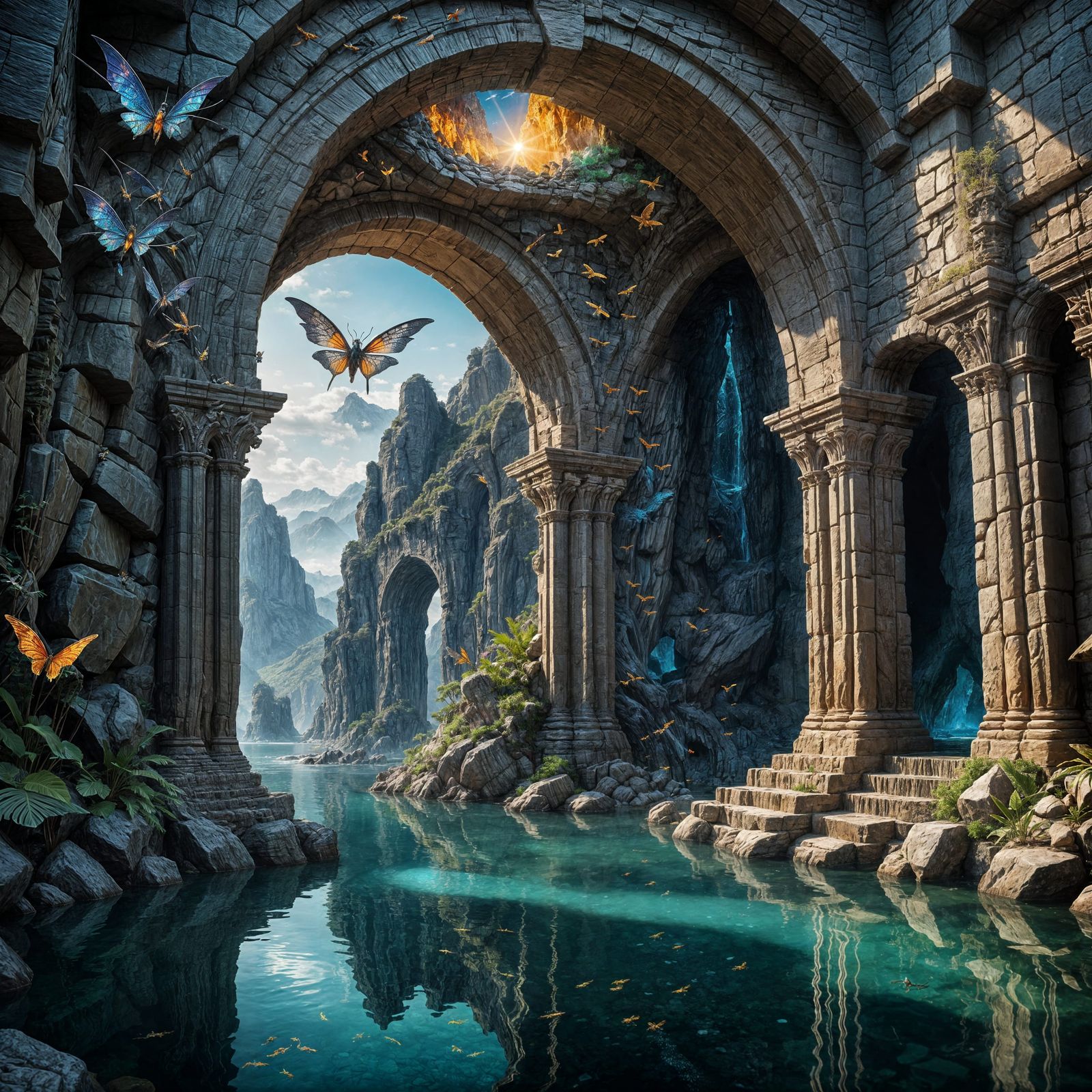 Dragonfly Archway into Crystalline Pool, Digital Matte Paint...