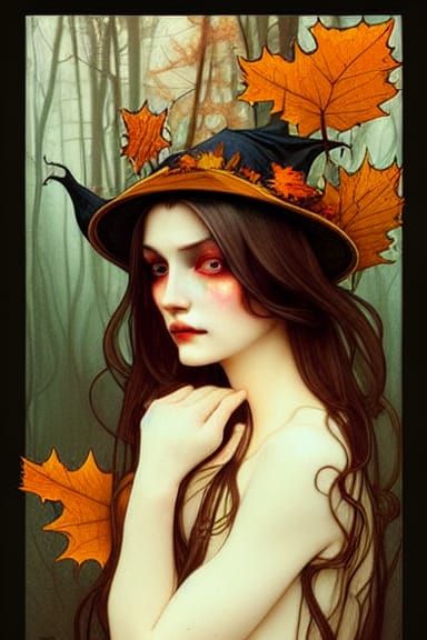 Young Forest Witch Portrait in Art Nouveau Style