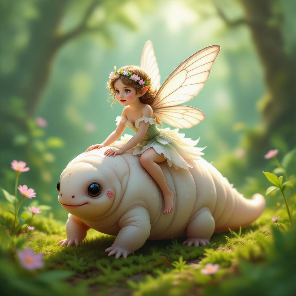 Fairy Riding a Tardigrade in Whimsical Style