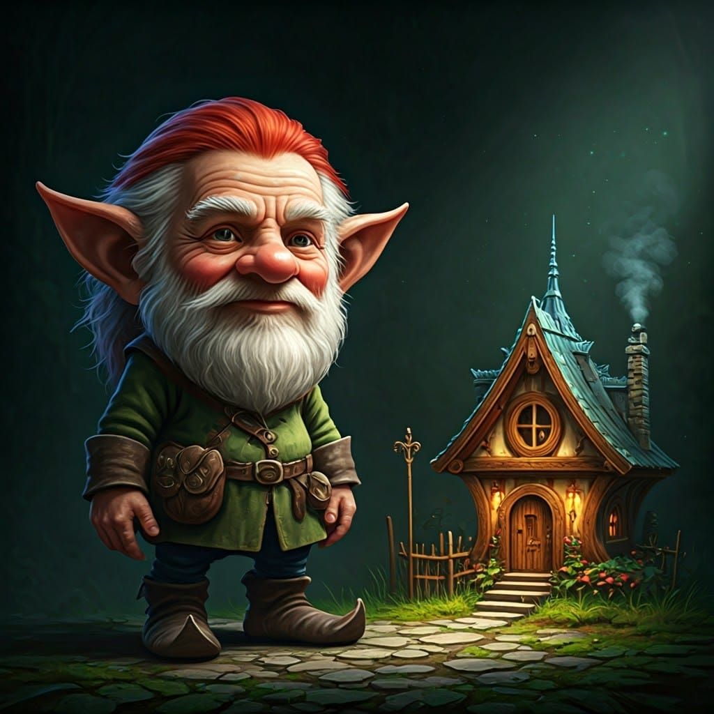 Detailed Gnome Portrait Beside Cottage, Fantasy Art