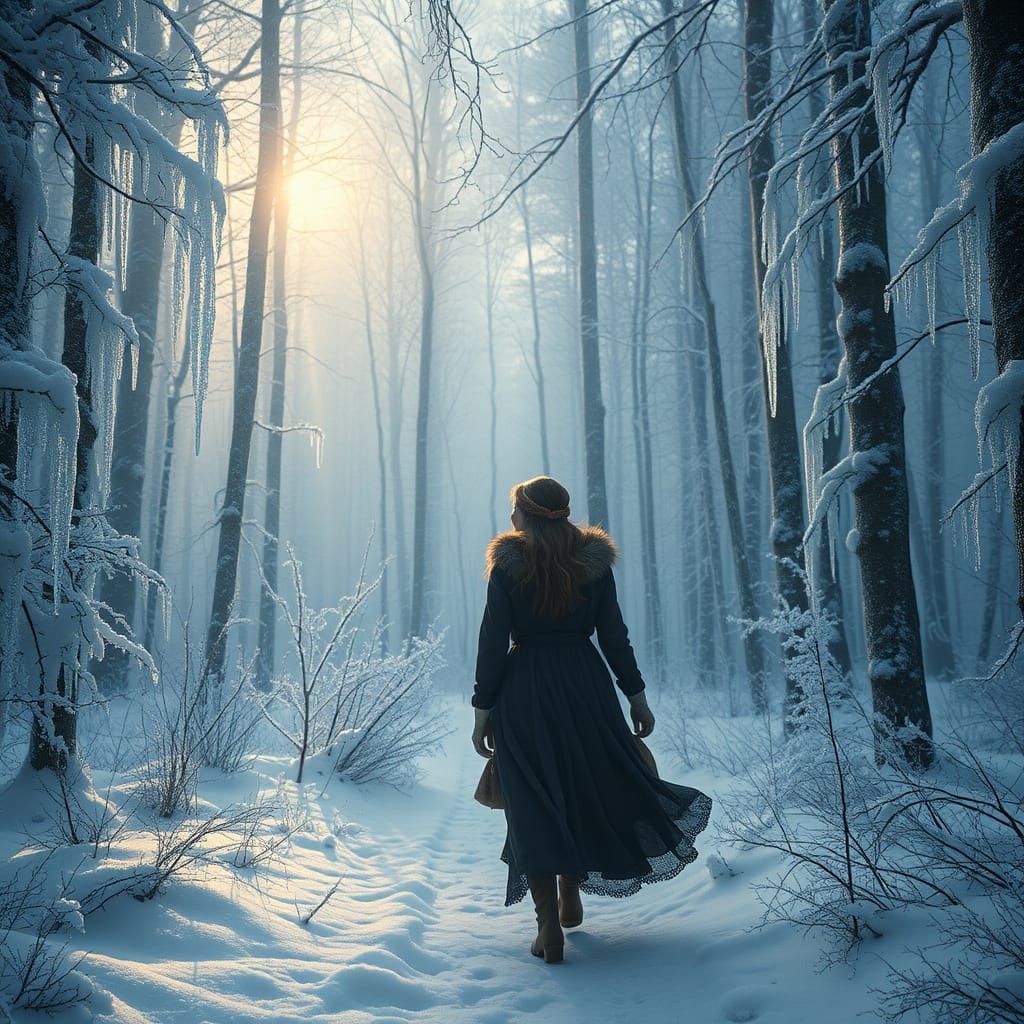 Woman Walks in Winter Forest in Realist Style