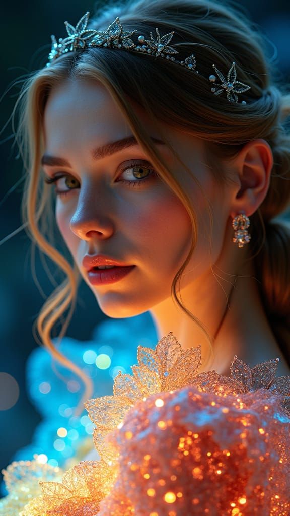 Stunning Woman in Crystal Gown, Hyperrealistic Portrait