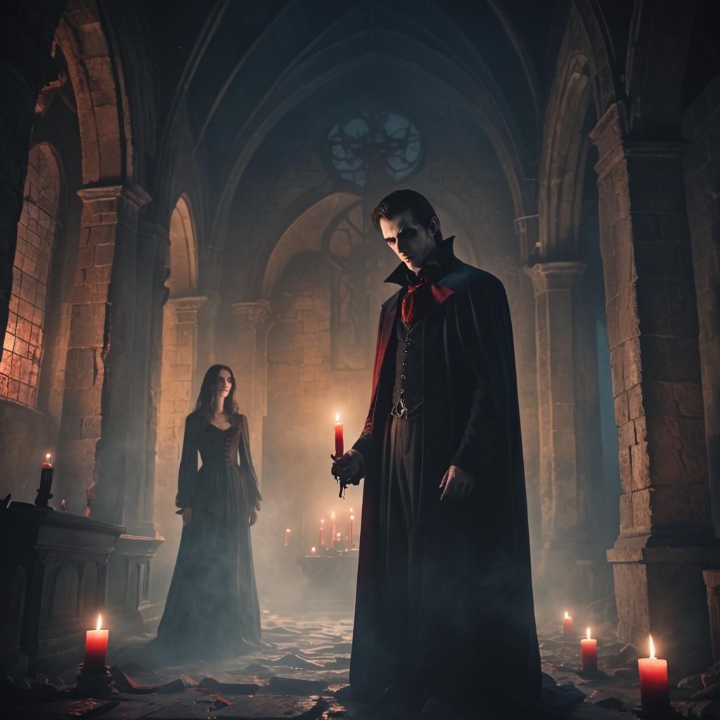 Vampire in Abandoned Church: Dark Fantasy Illustration