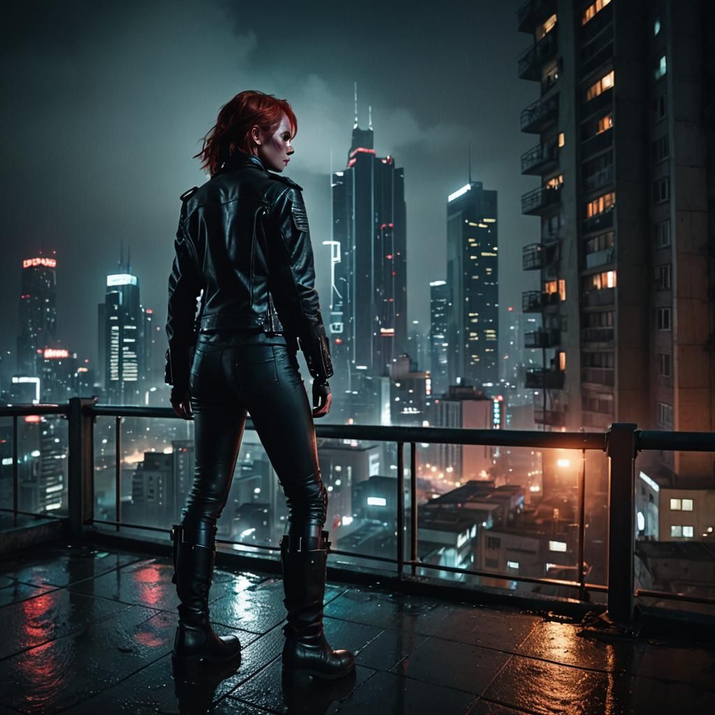 Dystopian Cityscape with Red-Haired Woman in Cyberpunk Style