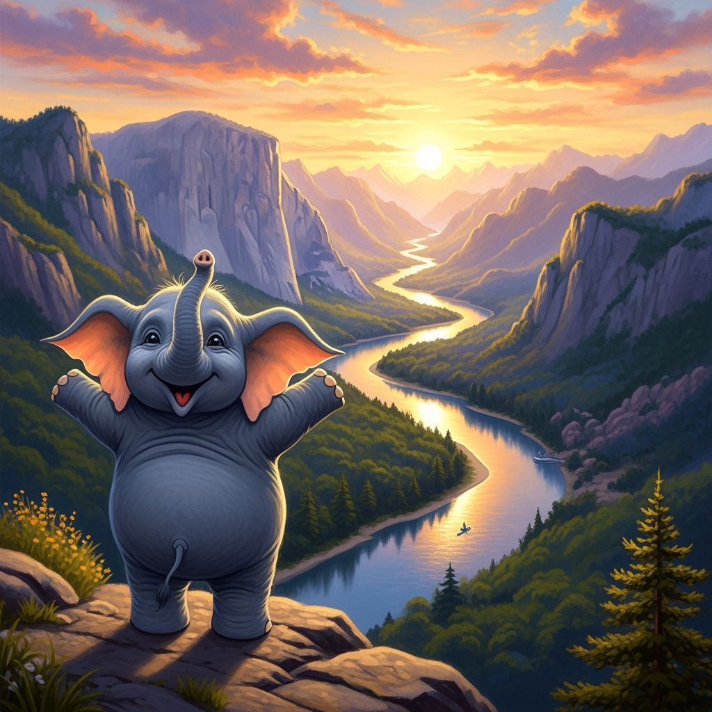 Joyful Elephant Greets Golden Sunrise on Cliff Edge