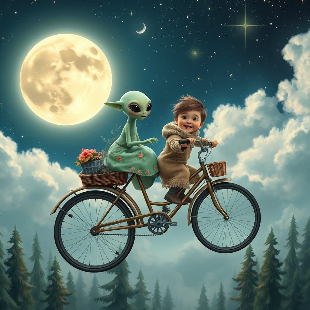Flying Bicycle with Alien Passenger in Starry Night