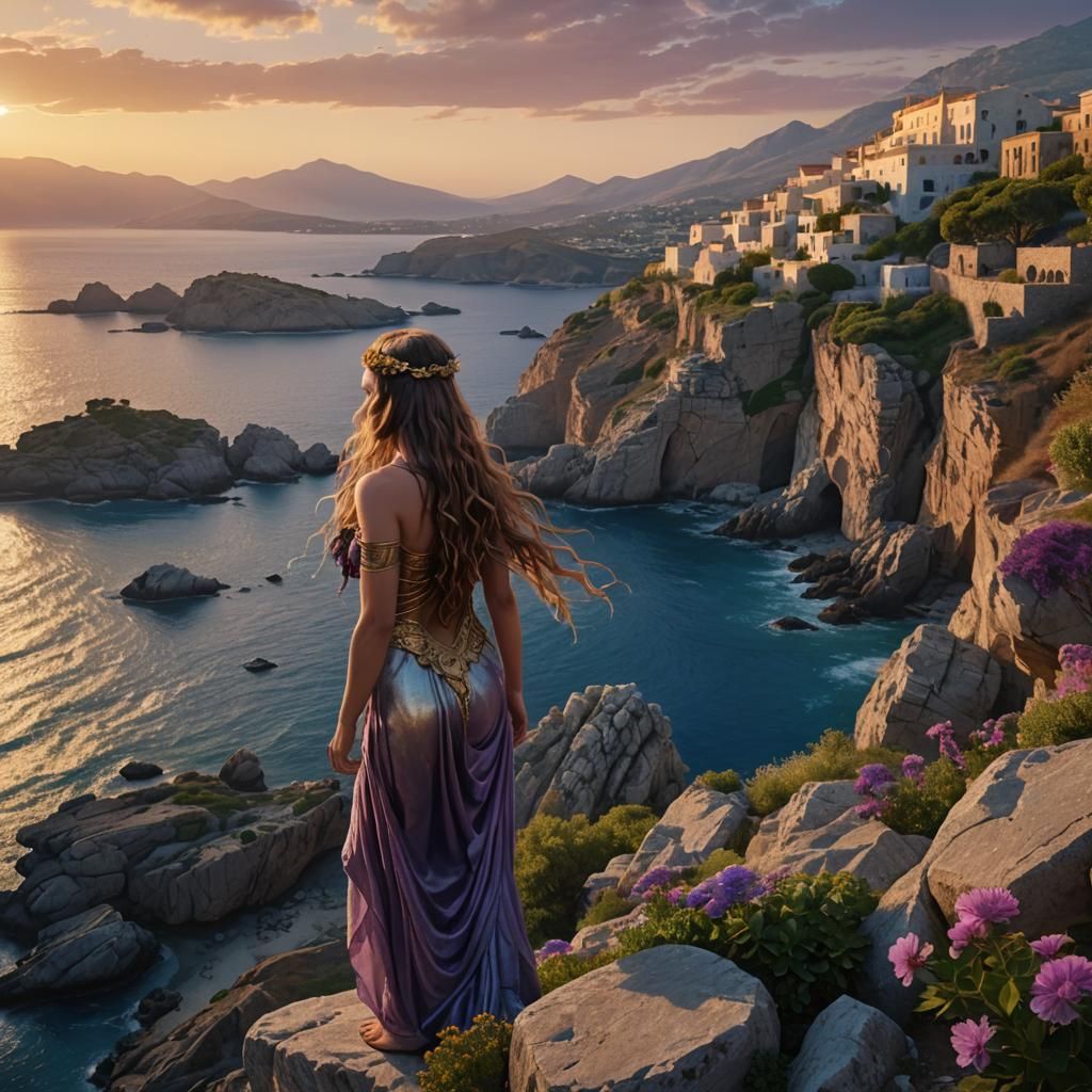 Siren on Isle of Crete at Sunset: Fantasy Art
