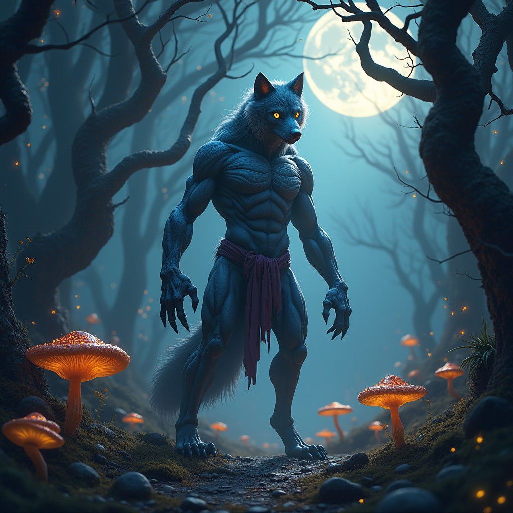 Human-Wolf Hybrid in Mystical Forest, Fantasy Art