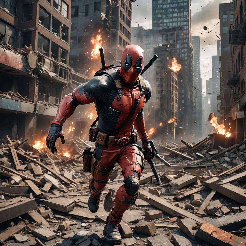 Deadpool in Destroyed Cityscape: Detailed Matte Painting