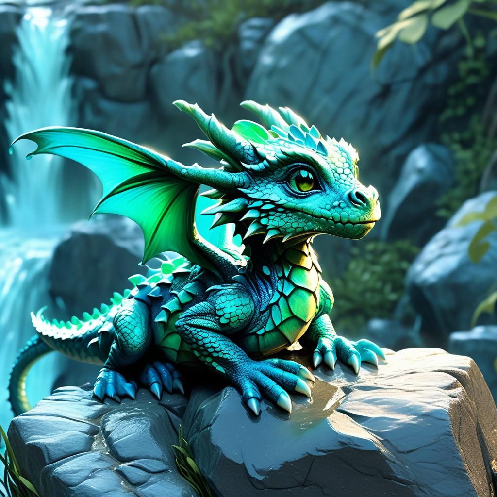 Waterfall Dragon Baby in Hyperrealistic Fantasy Art