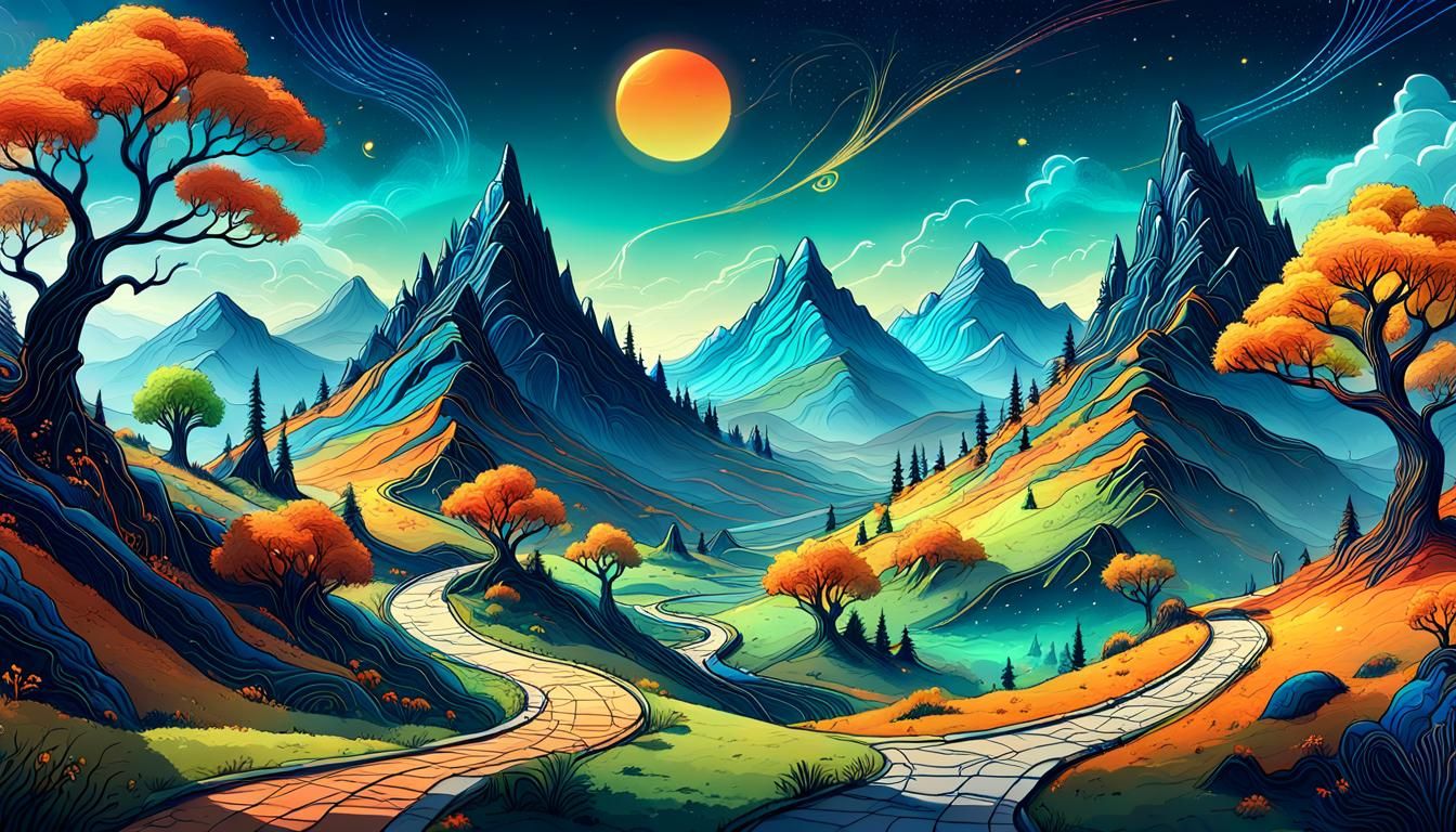 Vibrant Doodle Fantasy Landscape in Matte Painting Style