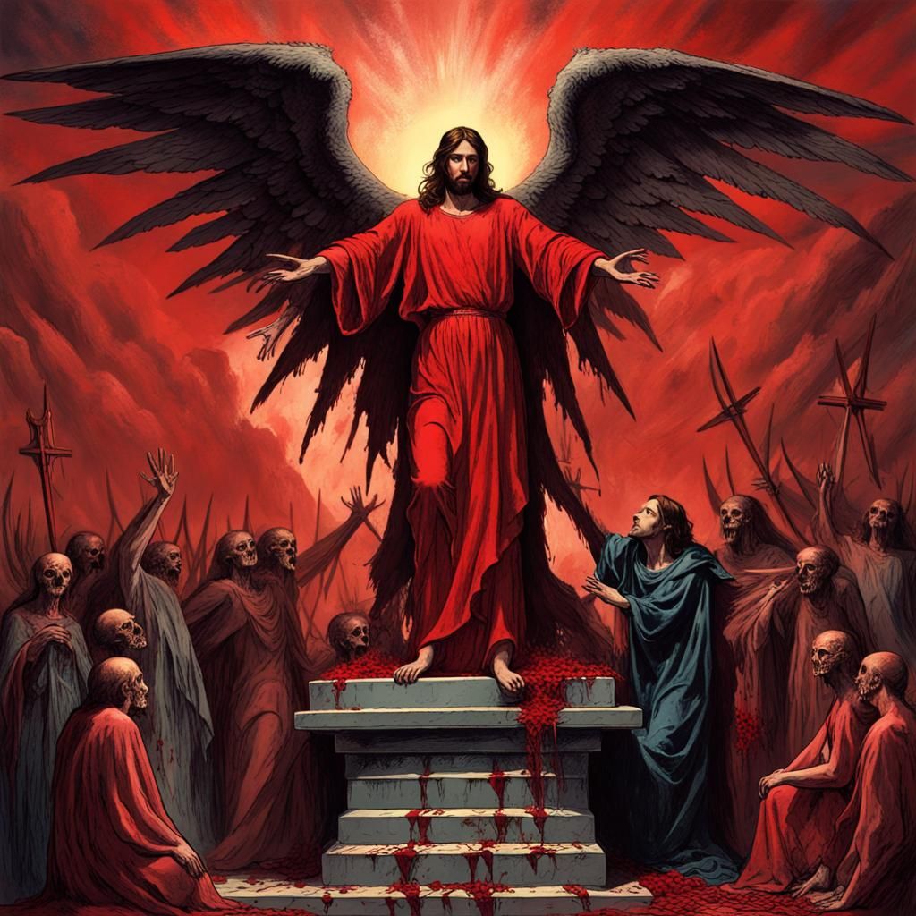 Jesus and Demon on Sacrificial Altar, Horror Illustration