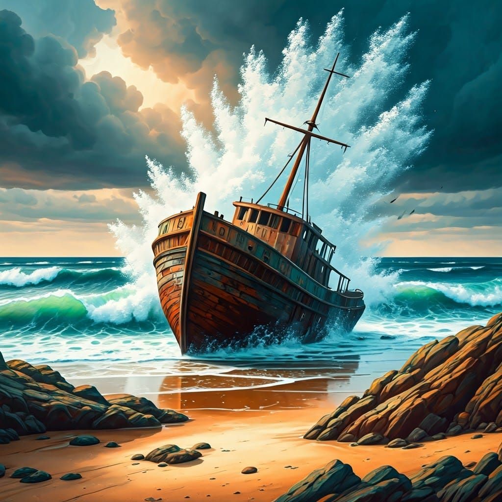 Majestic Shipwreck on Turbulent Beach