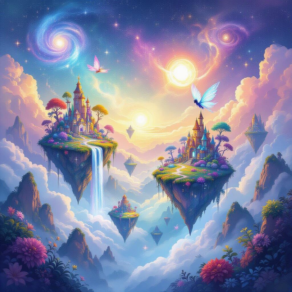 Vibrant Watercolor Fantasy Land with Floating Islands